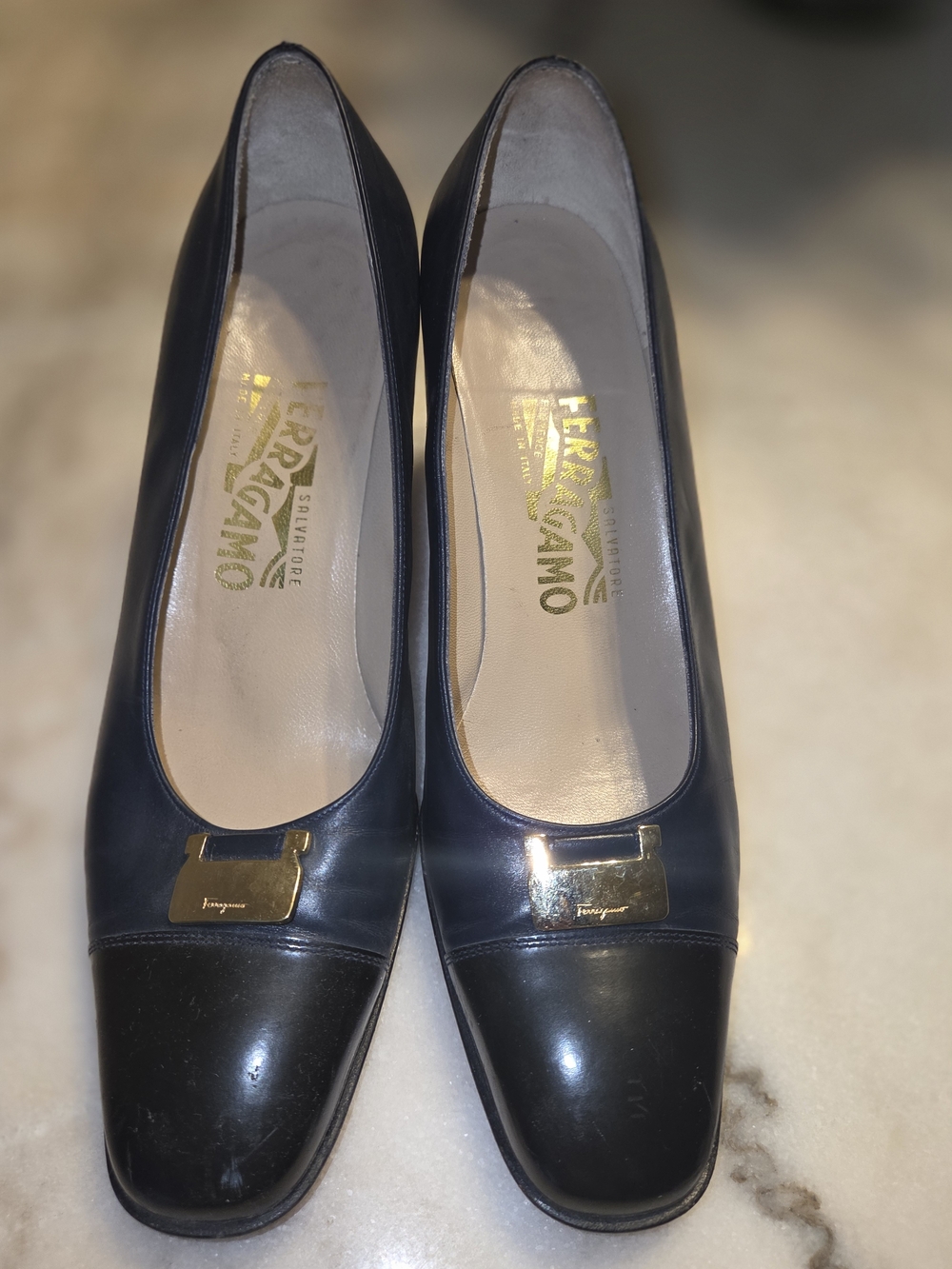 Salvatore Ferragamo Black Leather Two-Tone Pump with Gold Plaque
